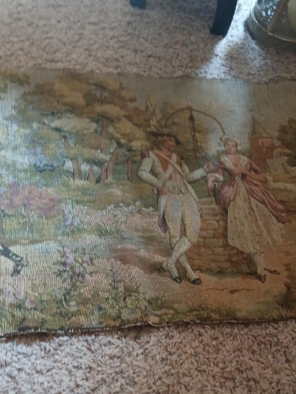Vintage Tapestry Panel with Pastoral Couple in Soft Greens and Pinks - Picture 3 of 11